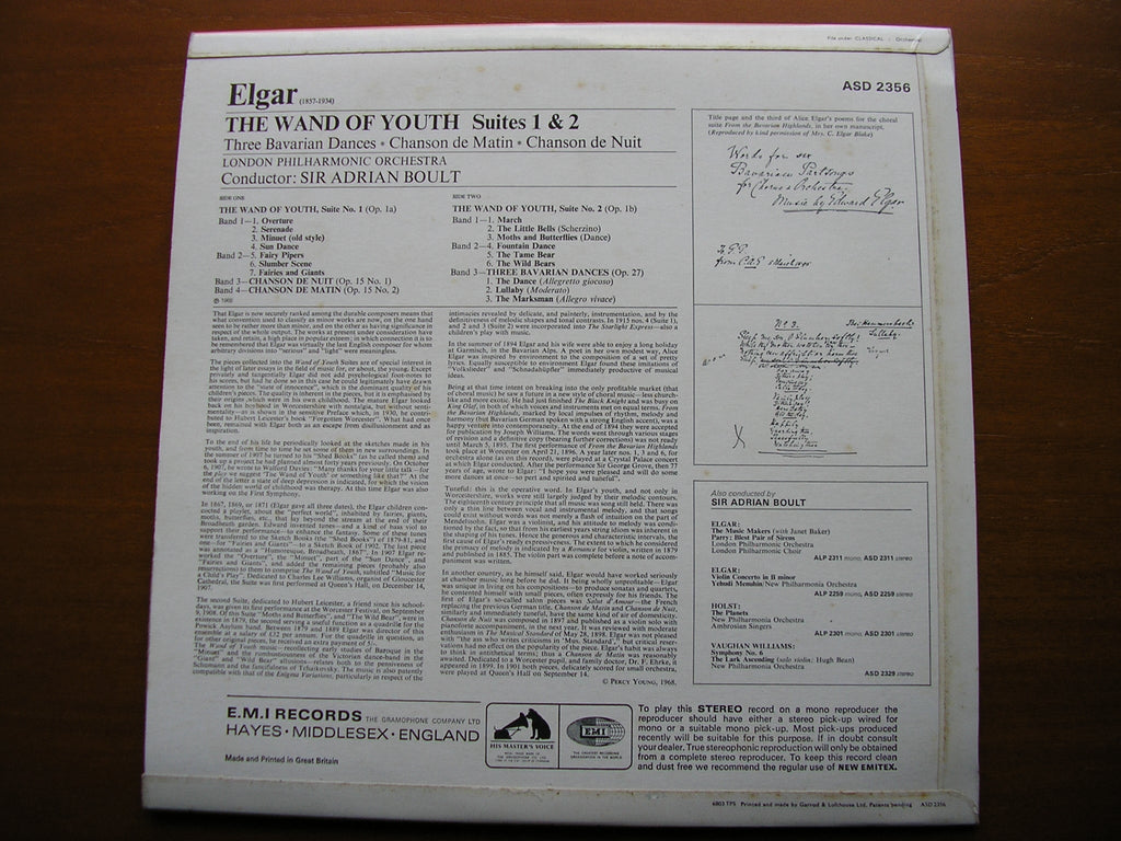 ELGAR: THE WAND OF YOUTH / CHANSON DE MATIN / CHANSON DE NUIT / 3 BAVARIAN DANCES     BOULT / LONDON PHILHARMONIC   ASD 2356