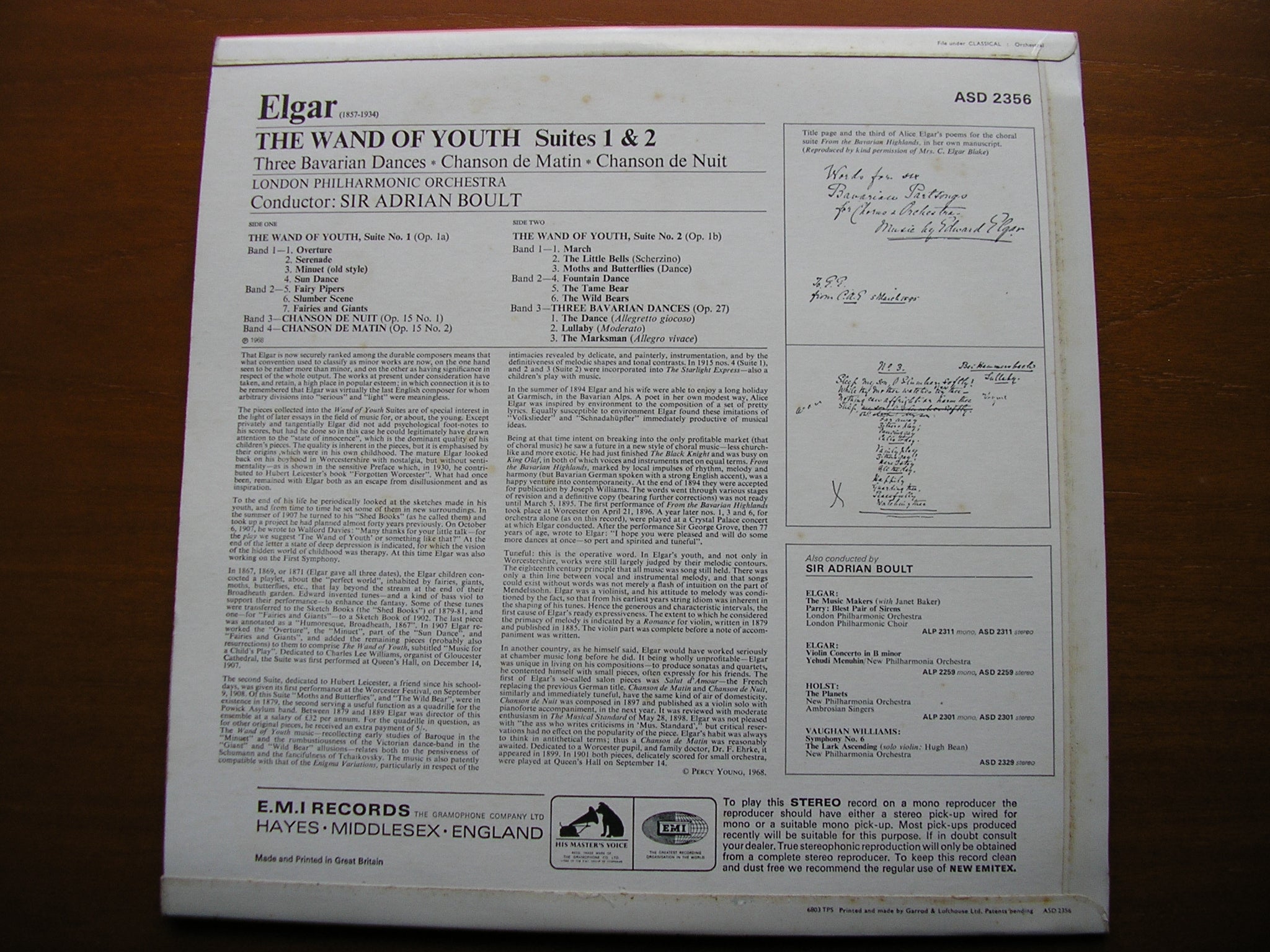 ELGAR: THE WAND OF YOUTH / CHANSON DE MATIN / CHANSON DE NUIT / 3 BAVARIAN DANCES     BOULT / LONDON PHILHARMONIC   ASD 2356