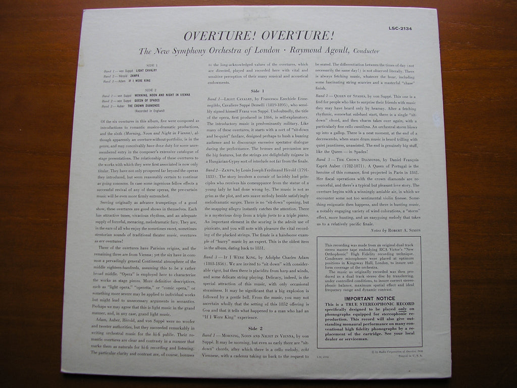 OVERTURE!  ADAM / AUBER / HEROLD / SUPPE    RAYMOND AGOULT / NEW SYMPHONY ORCHESTRA    LSC 2134