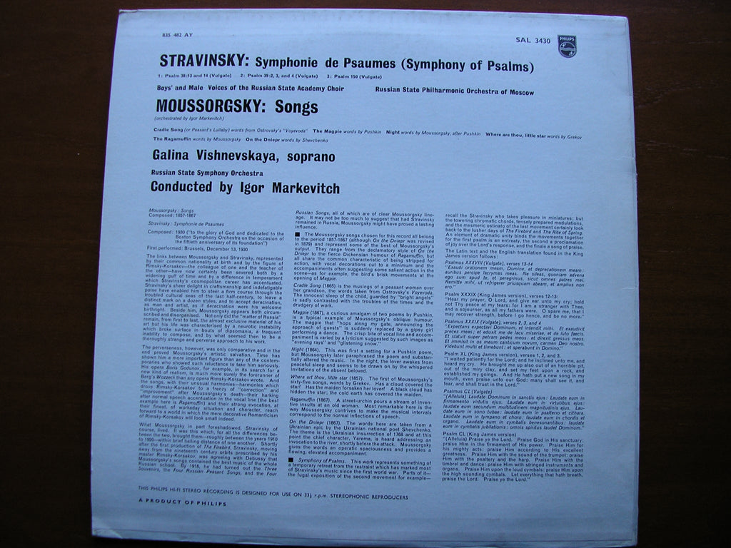 STRAVINSKY: SYMPHONY OF PSALMS / MUSSORGSKY: SIX SONGS    VISHNEVSKAYA / RUSSIAN STATE SYMPHONY / MARKEVITCH    SAL 3430
