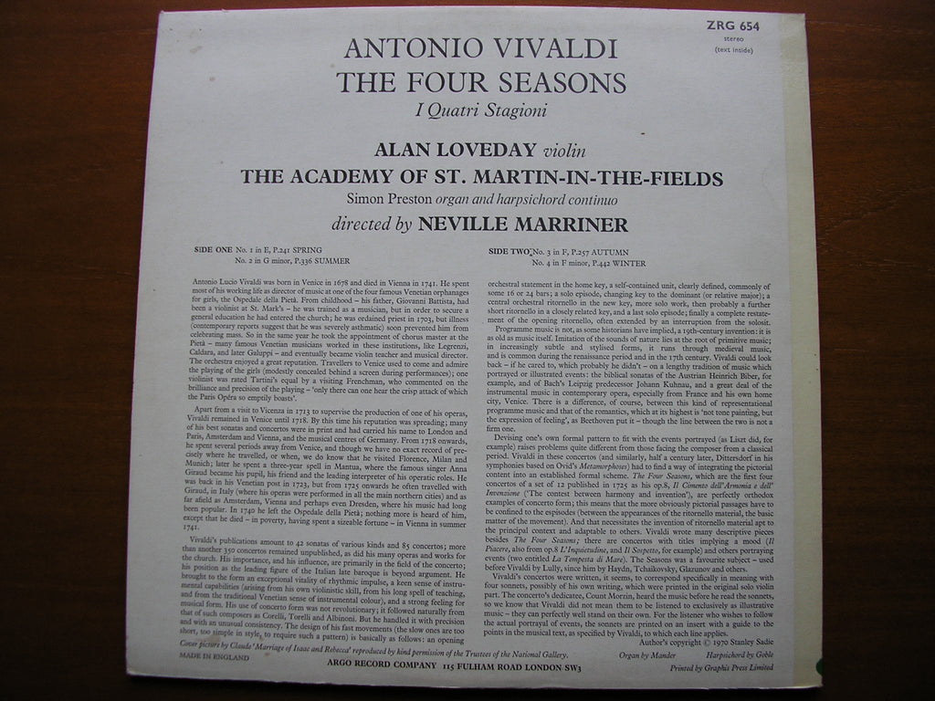 VIVALDI: THE FOUR SEASONS     LOVEDAY / ASMIF / MARRINER    ZRG 654