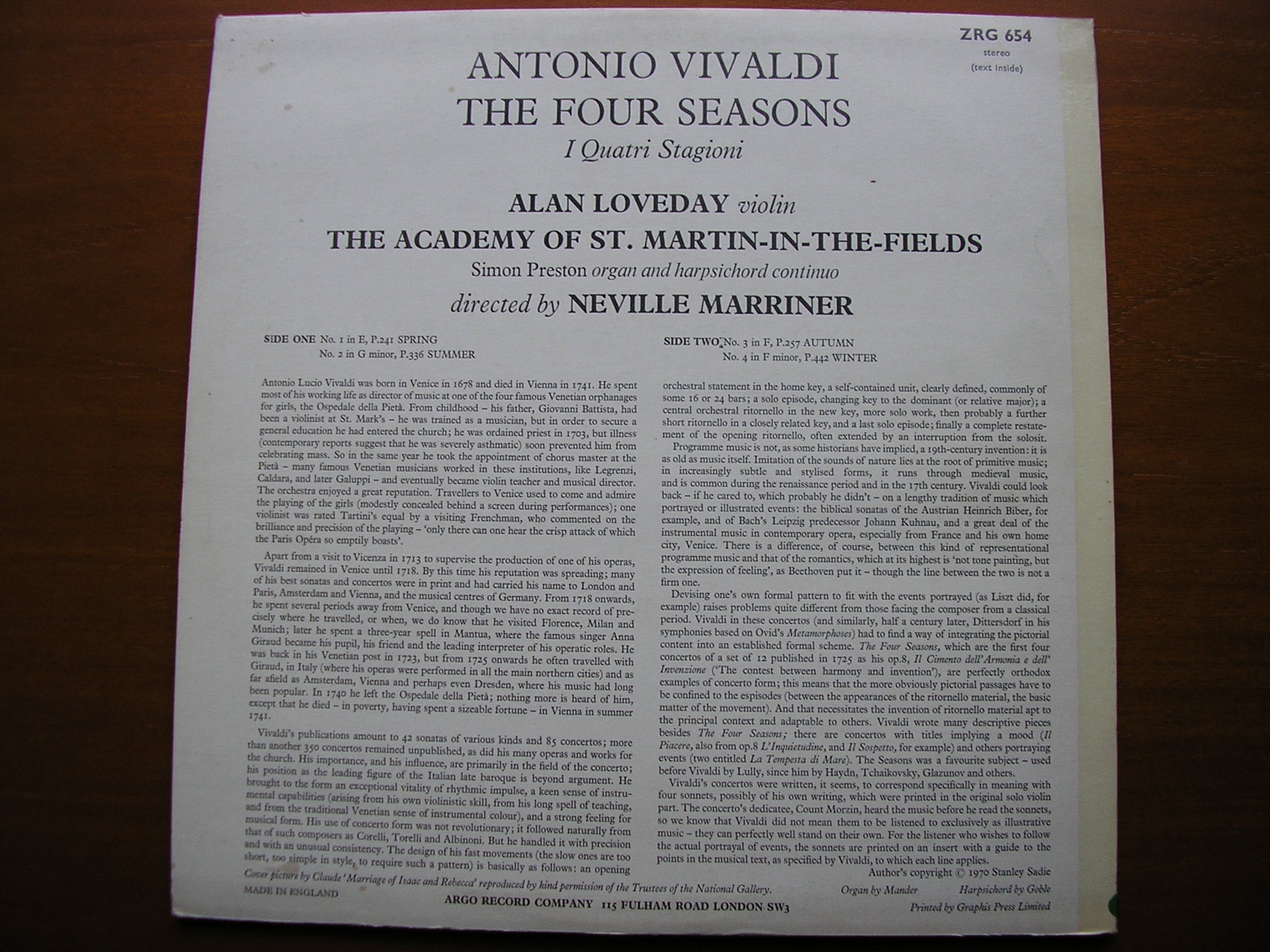 VIVALDI: THE FOUR SEASONS     LOVEDAY / ASMIF / MARRINER    ZRG 654