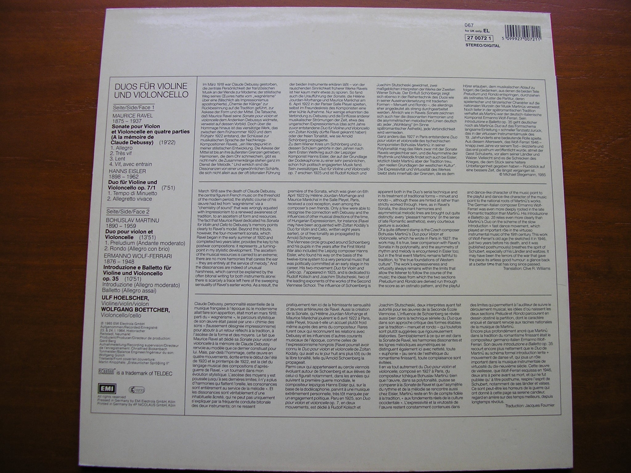 DUOS FOR VIOLIN & CELLO: RAVEL / EISLER / MARTINU / WOLF-FERRARI    HOELSCHER / BOETTCHER