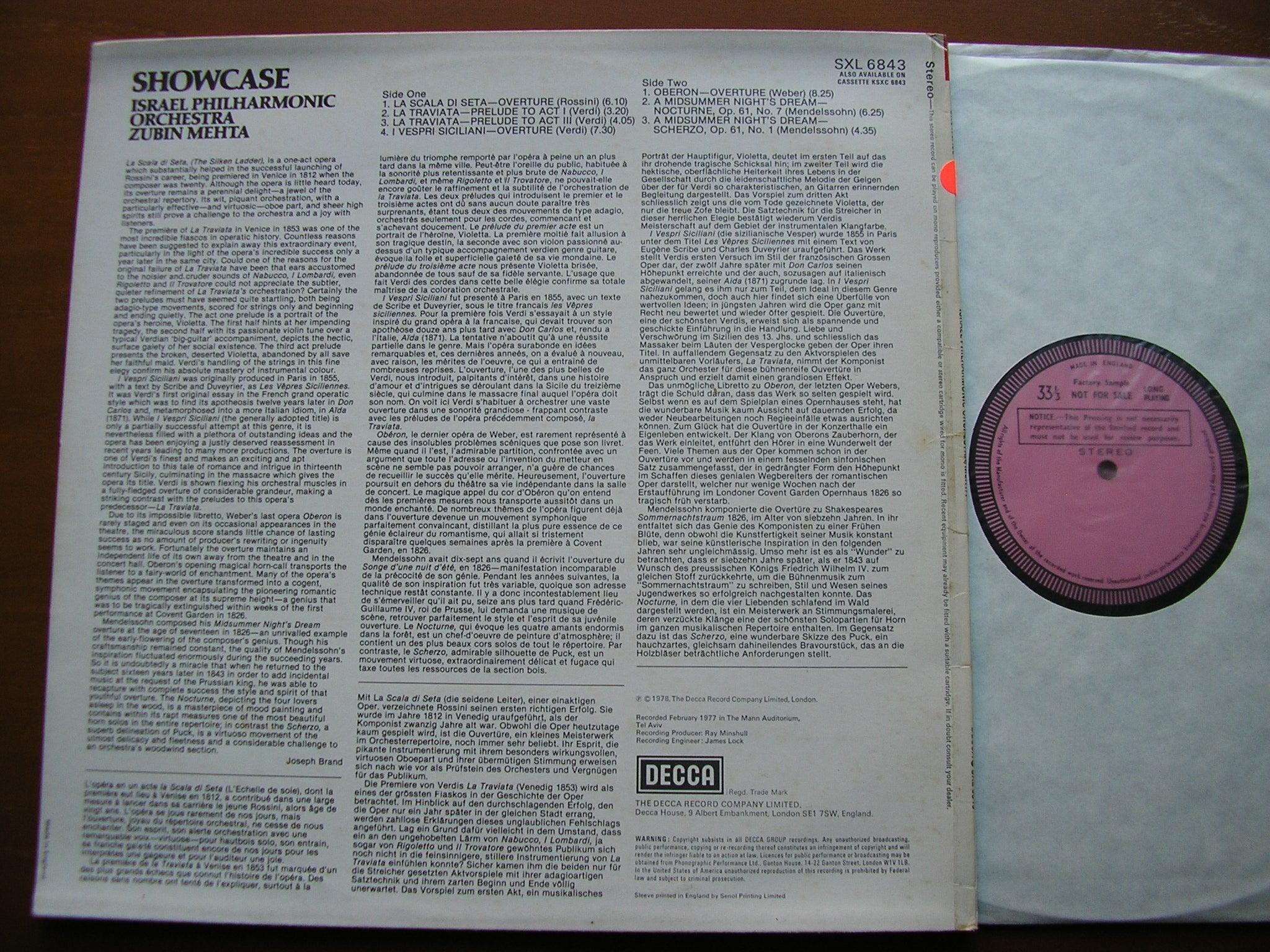SXL 6843 SHOWCASE; ORCHESTRAL MUSIC BY ROSSINI / VERDI / WEBER / MENDELSSOHN MEHTA / ISRAEL PHILHARMONIC