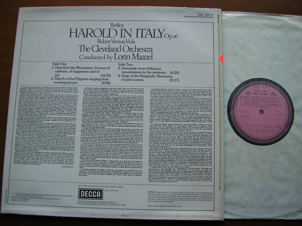 SXL 6873 BERLIOZ: HAROLD IN ITALY VERNON / CLEVELAND ORCHESTRA / MAAZEL Test Pressing
