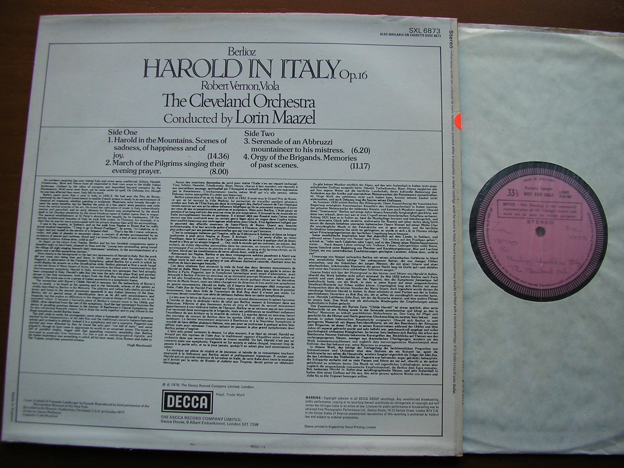 SXL 6873 BERLIOZ: HAROLD IN ITALY VERNON / CLEVELAND ORCHESTRA / MAAZEL Test Pressing