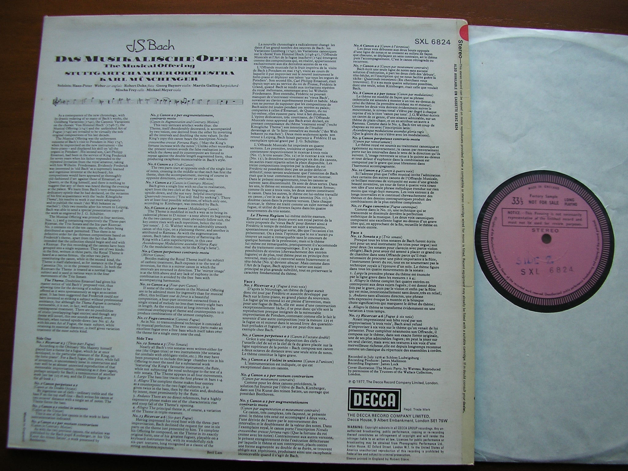 SXL 6824  BACH: MUSICAL OFFERING    MUNCHINGER / STUTTGART CHAMBER ORCHESTRA