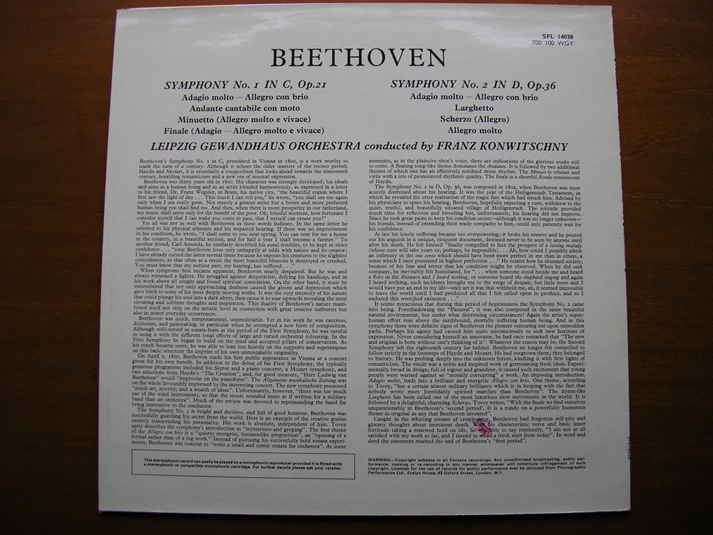 BEETHOVEN: SYMPHONIES Nos. 1 & 2   KONWITSCHNY / LEIPZIG GEWANDHAUS   SFL 14038