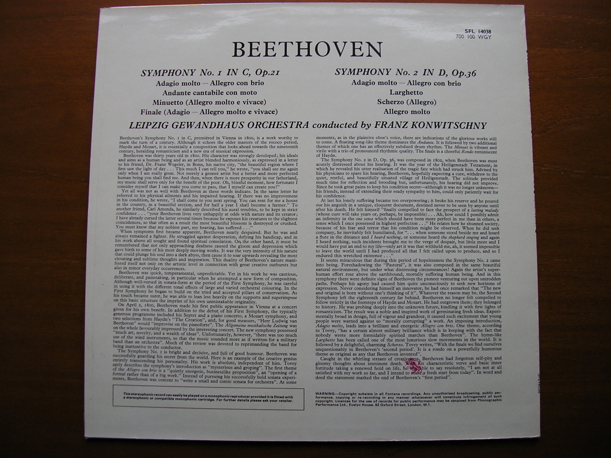 BEETHOVEN: SYMPHONIES Nos. 1 & 2   KONWITSCHNY / LEIPZIG GEWANDHAUS   SFL 14038