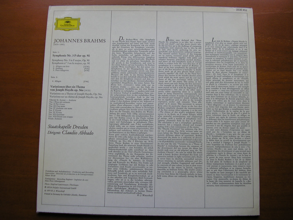 BRAHMS: SYMPHONY No. 3 / HAYDN VARIATIONS       CLAUDIO ABBADO / STAATSKAPELLE DRESDEN    2530 452