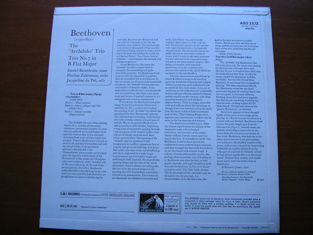 BEETHOVEN: PIANO TRIO No. 7 'Archduke'   BARENBOIM / DU PRE / ZUKERMAN    ASD 2572