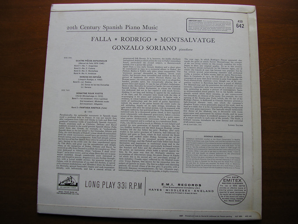 20th CENTURY SPANISH PIANO MUSIC: FALLA / RODRIGO / MONTSALVAGE    GONZALO SORIANO   ASD 642