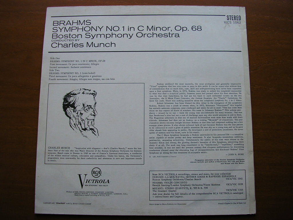 BRAHMS: SYMPHONY No. 1     MUNCH / BOSTON SYMPHONY    VICS 1062