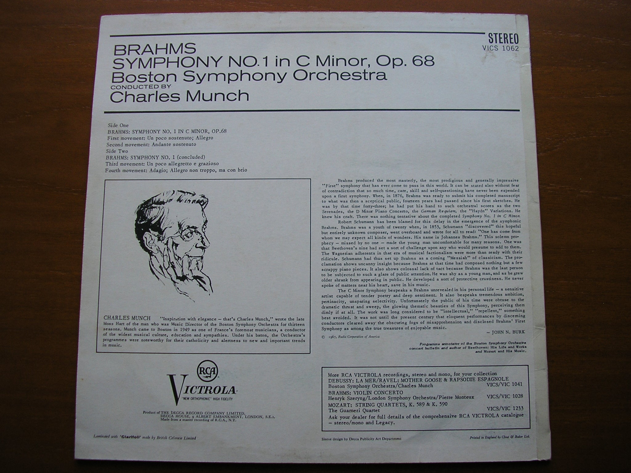 BRAHMS: SYMPHONY No. 1     MUNCH / BOSTON SYMPHONY    VICS 1062