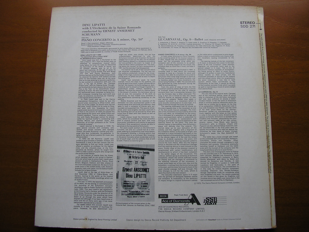 SCHUMANN: PIANO CONCERTO / LE CARNIVAL ballet music    LIPATTI / SUISSE ROMANDE / ANSERMET     SDD 271