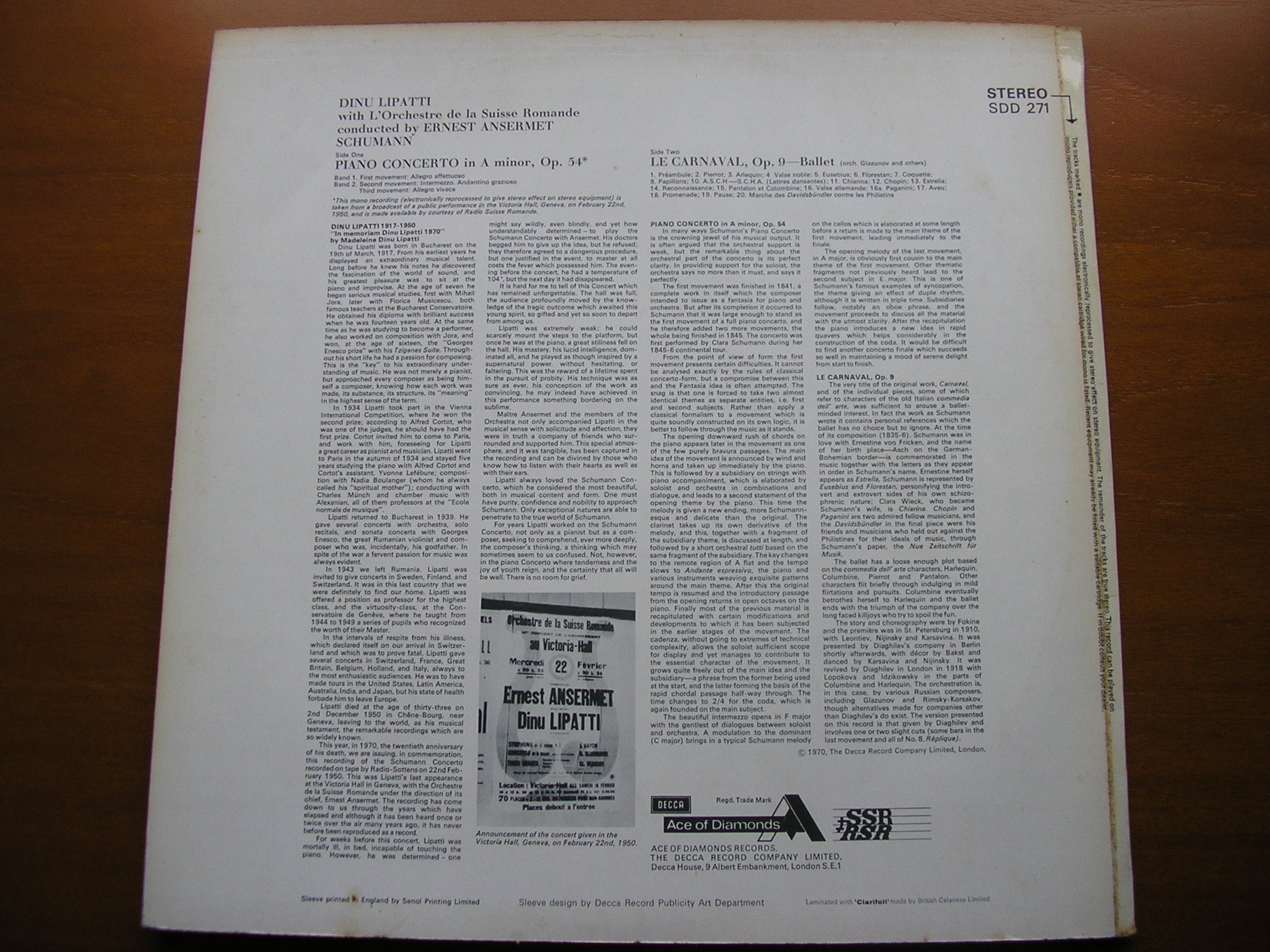SCHUMANN: PIANO CONCERTO / LE CARNIVAL ballet music    LIPATTI / SUISSE ROMANDE / ANSERMET     SDD 271