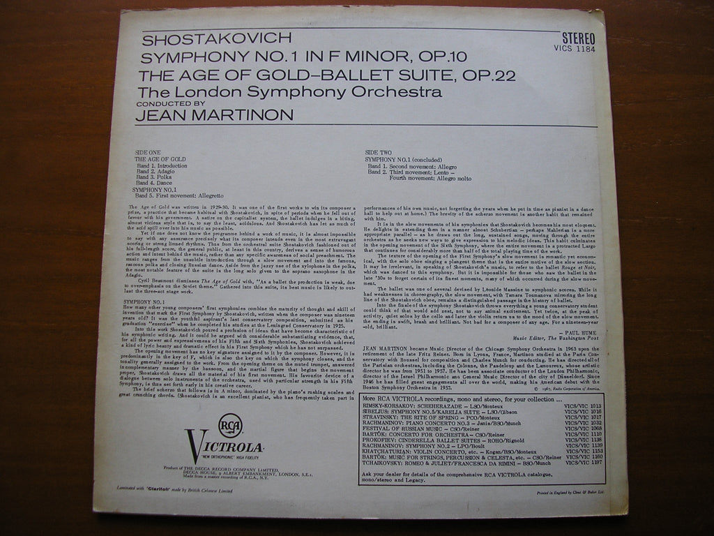 SHOSTAKOVICH: SYMPHONY No. 1 / THE AGE OF GOLD     MARTINON / LONDON SYMPHONY    VICS 1184