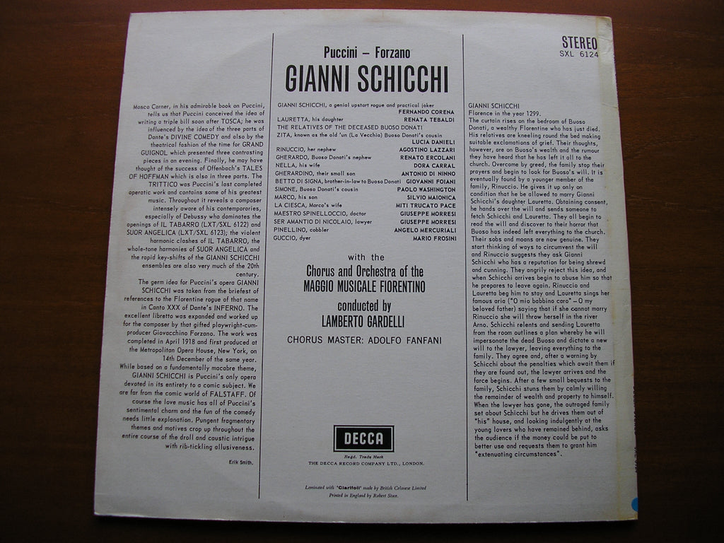 SXL 6124 PUCCINI: GIANNI SCHICCHI CORENA / TEBALDI / MMF / GARDELLI