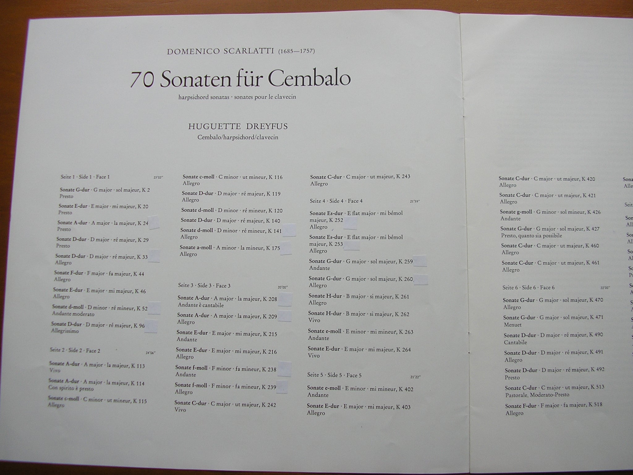 DOMENICO SCARLATTI: 70 SONATAS FOR HARPSICHORD      HUGUETTE DREYFUS    4 LP    6.35086