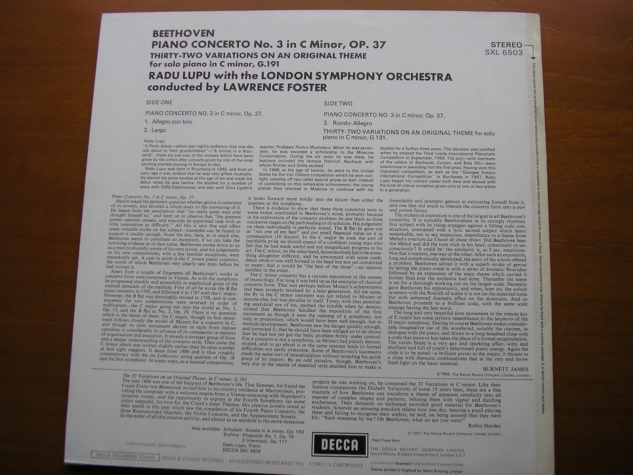 SXL 6503 BEETHOVEN: PIANO CONCERTO No. 3 / 32 VARIATIONS RADU LUPU / LONDON SYMPHONY / LAWRENCE FOSTER