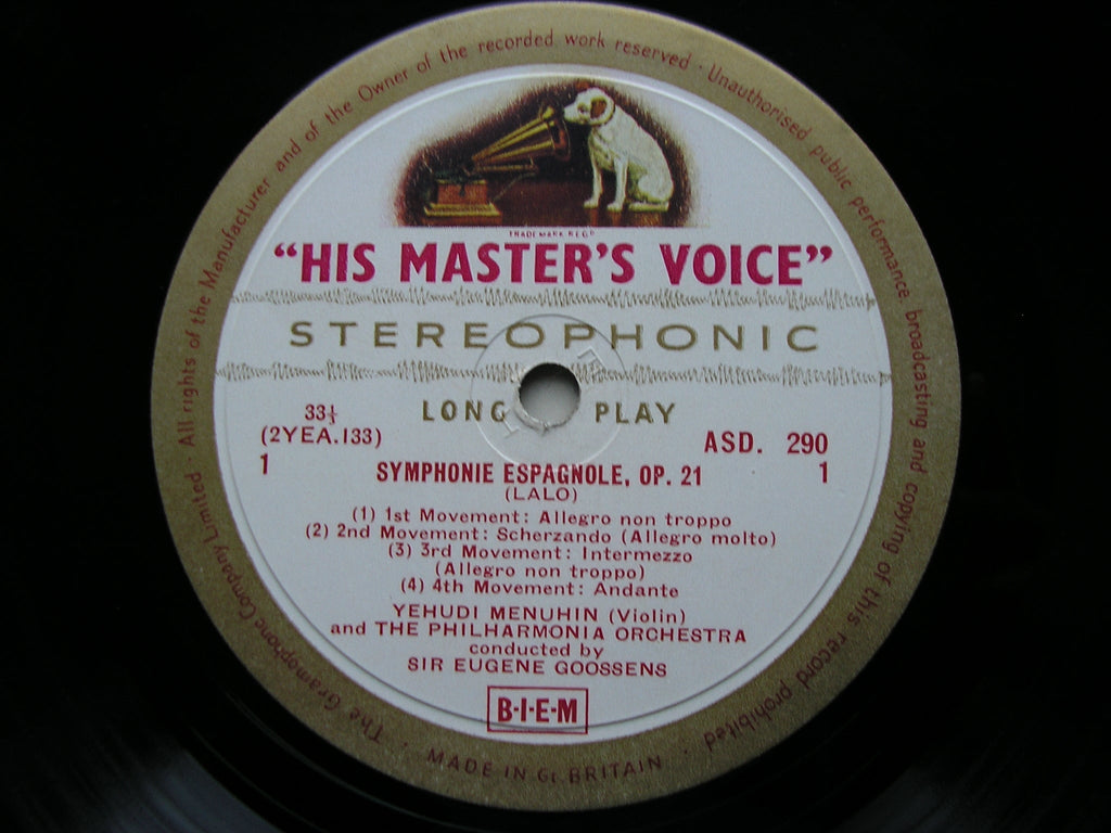 LALO: SYMPHONIE ESPAGNOLE / SAINT-SAENS: INTRODUCTION & RONDO / HAVANAISE     MENUHIN / PHILHARMONIA / GOOSSENS   ASD 290
