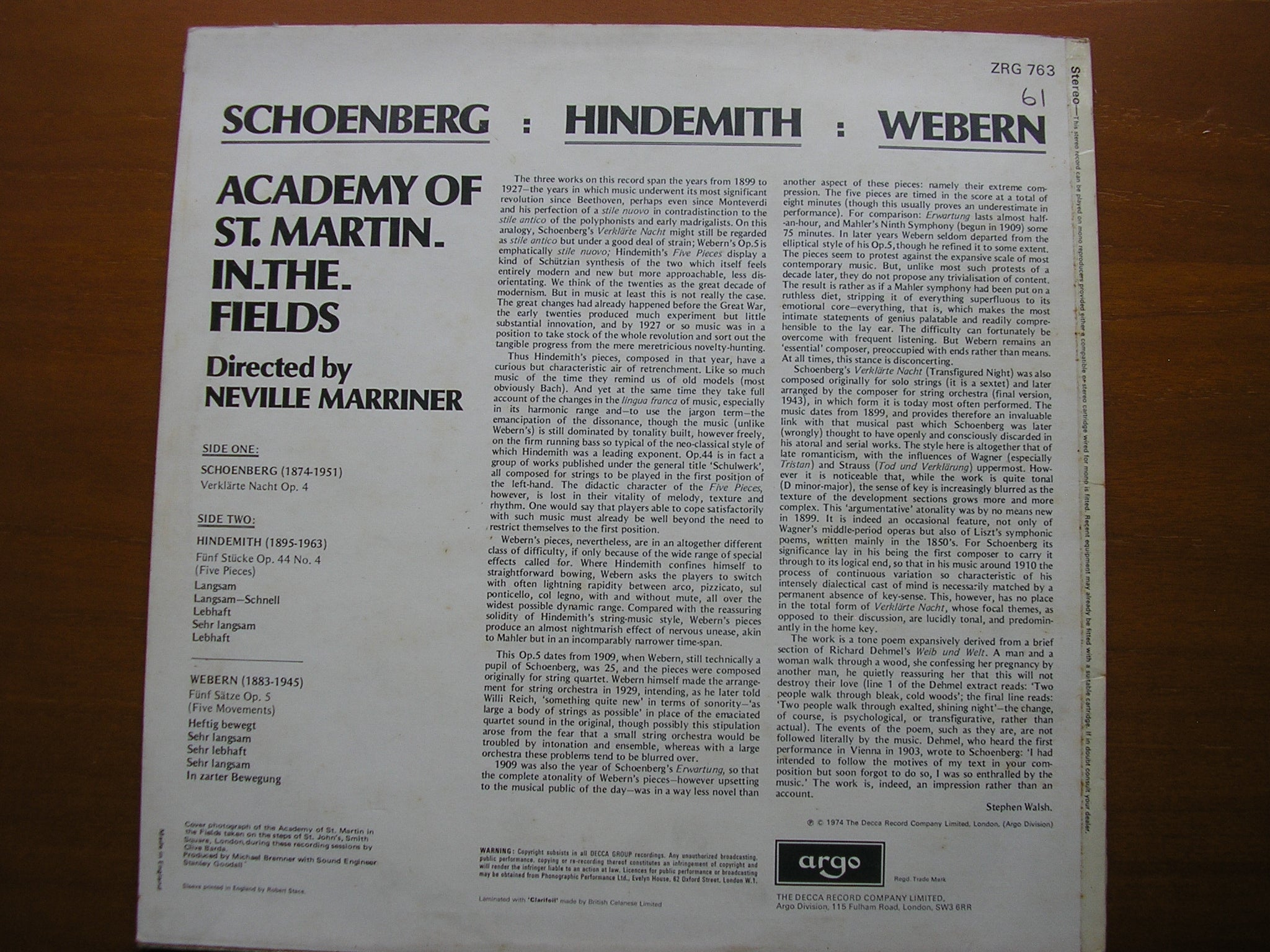 HINDEMITH: FIVE PIECES Op. 44 / SCHOENBERG: VERKLARTE NACHT / WEBERN: FIVE MOVEMENTS     MARRINER / ASMIF    ZRG 763