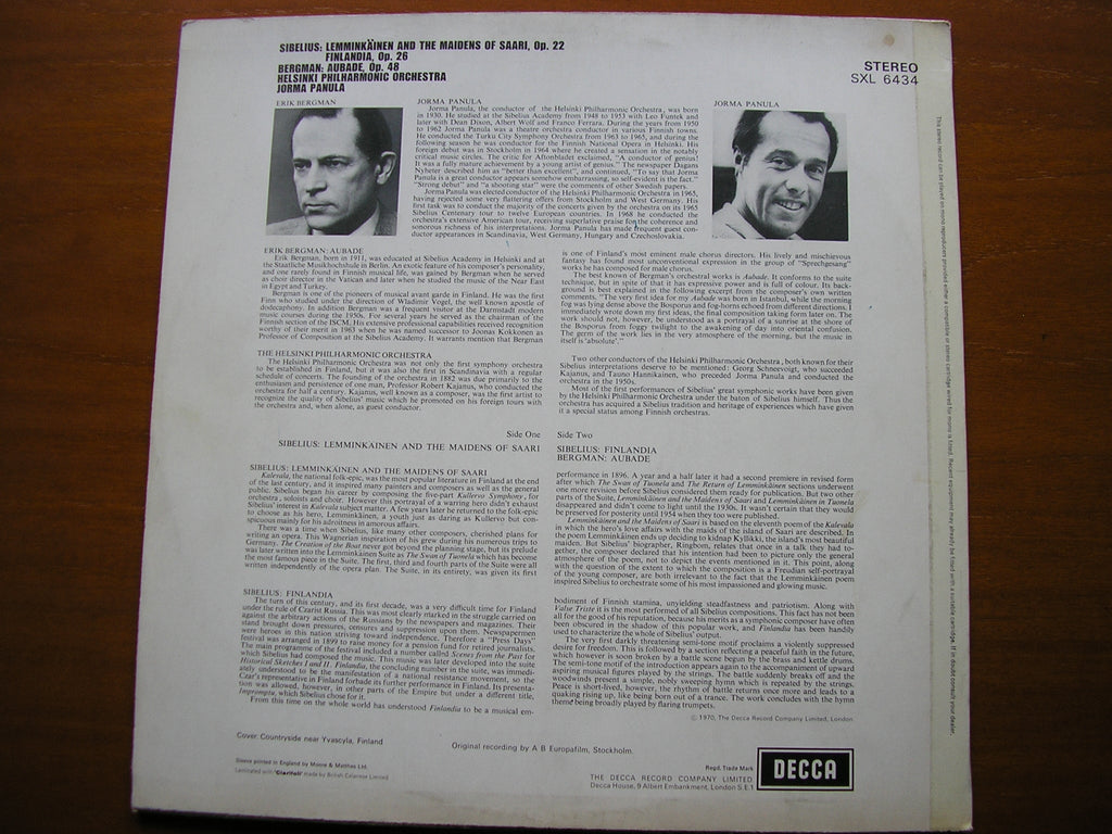 SXL 6434 SIBELIUS: ORCHESTRAL WORKS / BERGMAN: AUBADE PANULA / HELSINKI PHILHARMONIC ORCHESTRA