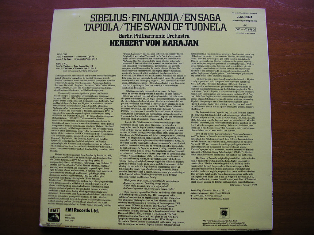 SIBELIUS: ORCHESTRAL WORKS     KARAJAN / BERLIN PHILHARMONIC    ASD 3374