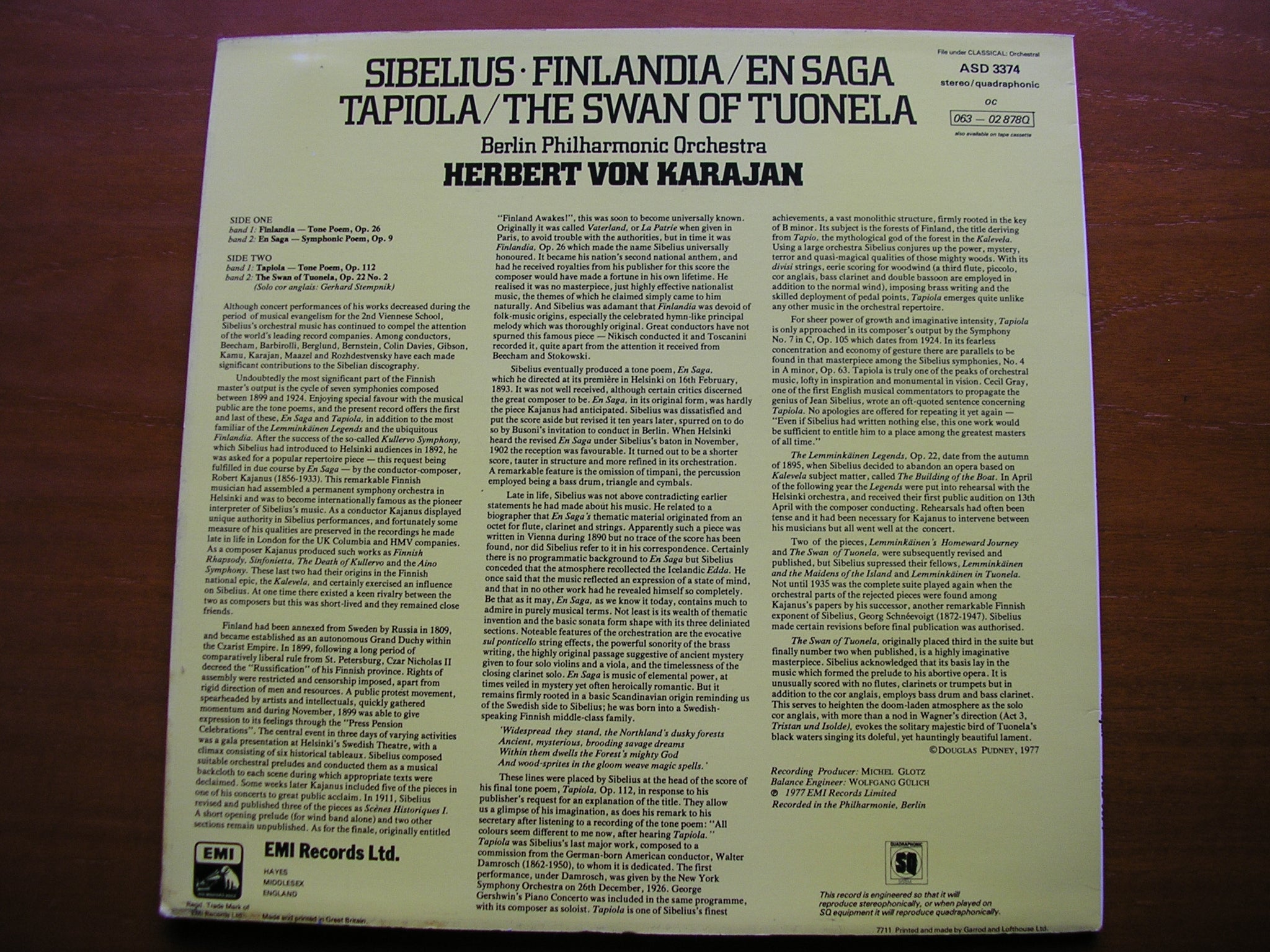 SIBELIUS: ORCHESTRAL WORKS     KARAJAN / BERLIN PHILHARMONIC    ASD 3374