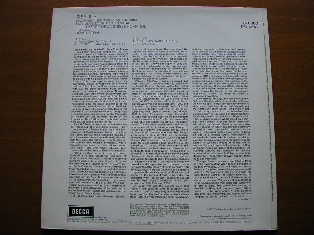 SXL 6542 SIBELIUS: ORCHESTRAL WORKS STEIN / SUISSE ROMANDE