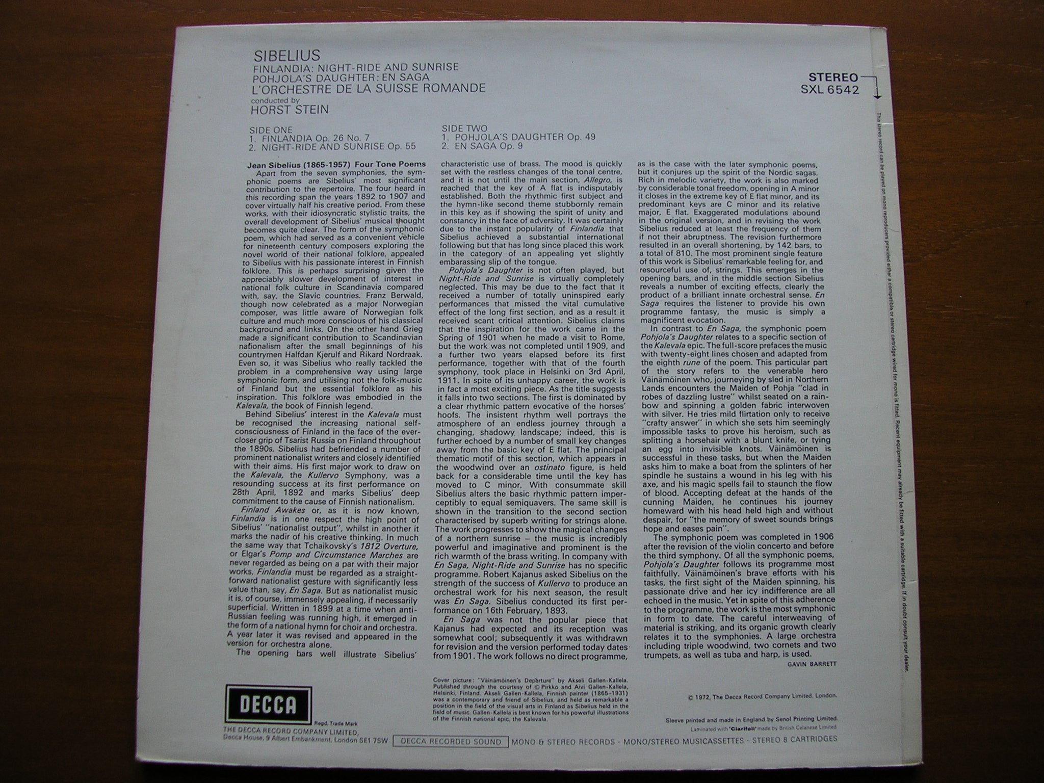 SXL 6542 SIBELIUS: ORCHESTRAL WORKS STEIN / SUISSE ROMANDE