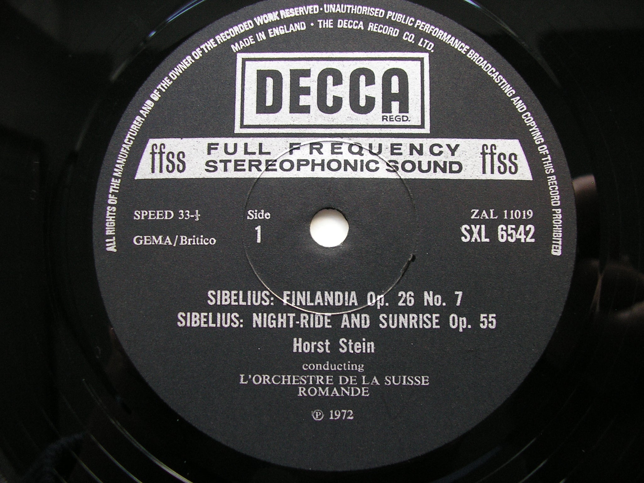 SXL 6542 SIBELIUS: ORCHESTRAL WORKS STEIN / SUISSE ROMANDE