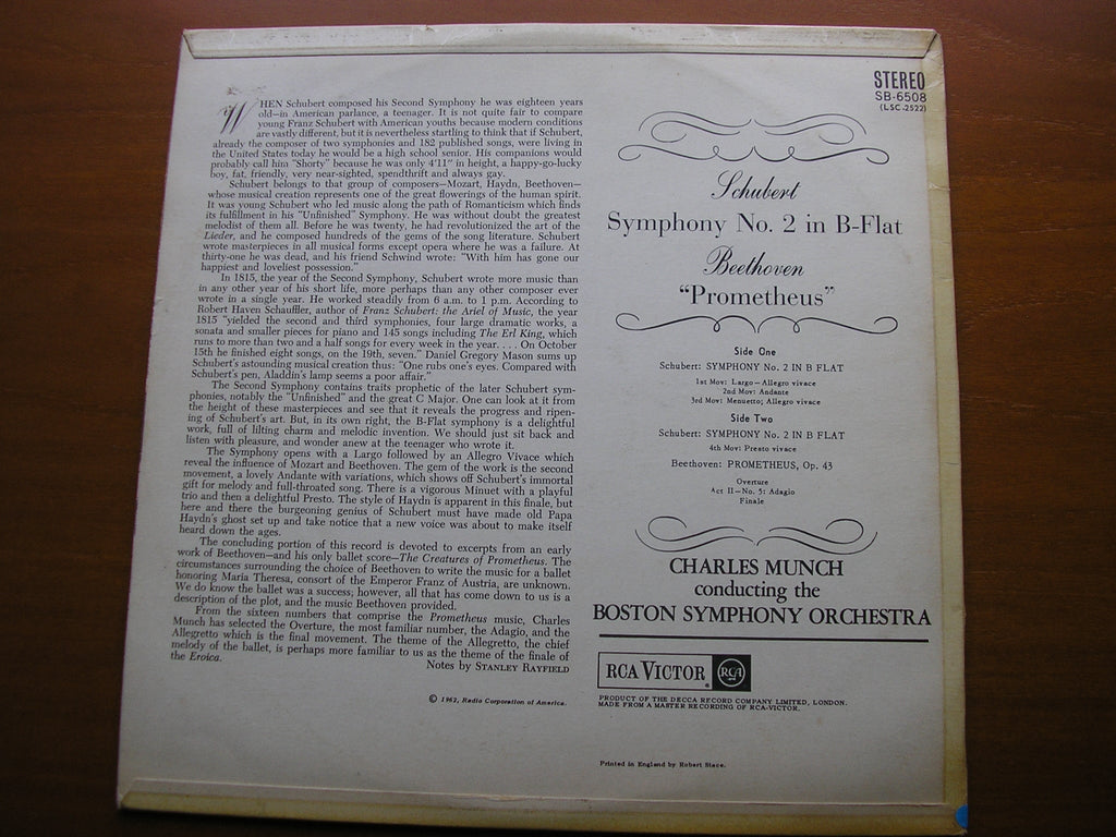 SCHUBERT: SYMPHONY No. 2 / BEETHOVEN: PROMETHEUS excerpts    MUNCH / BOSTON SYMPHONY     SB 6508