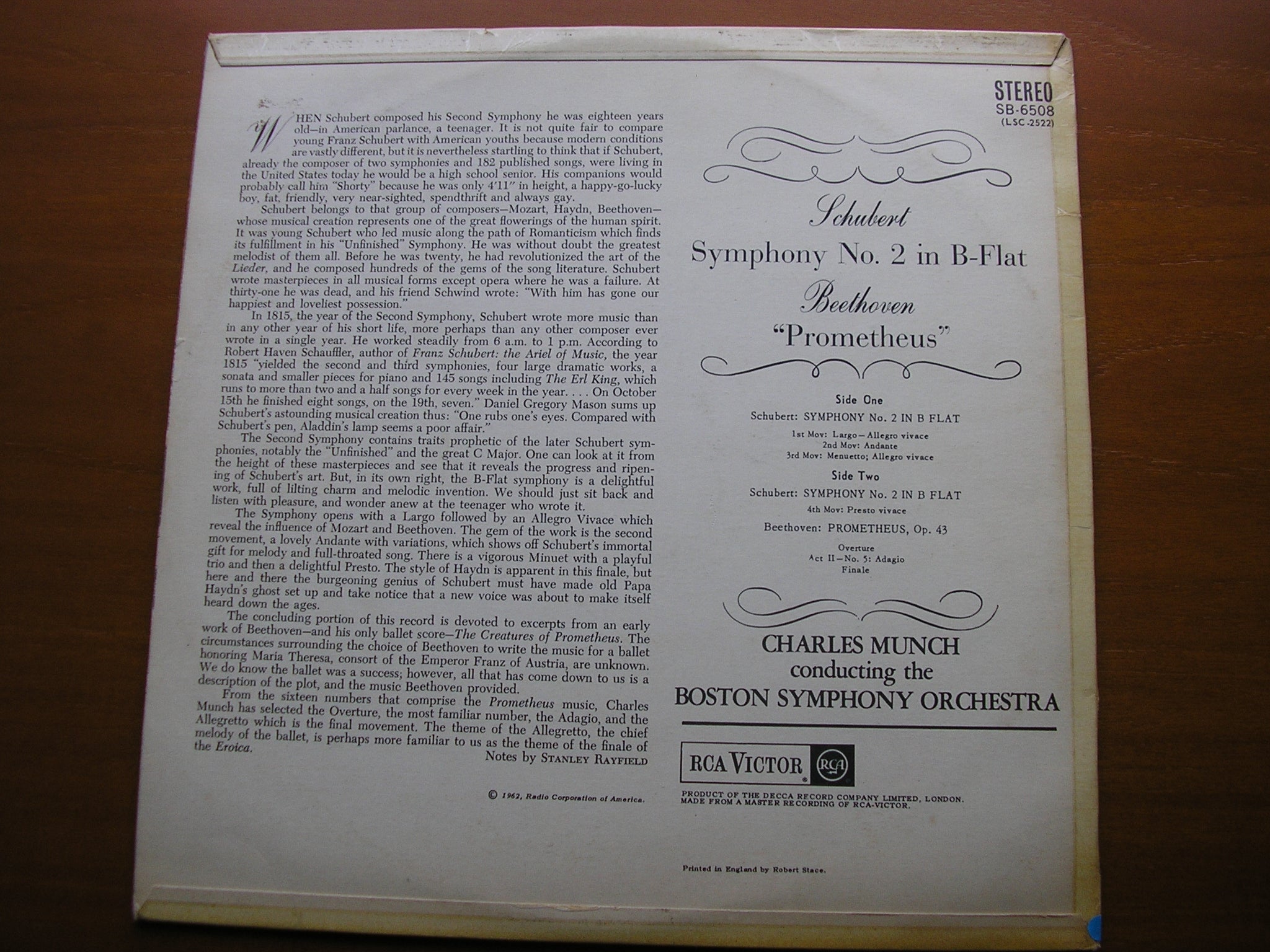 SCHUBERT: SYMPHONY No. 2 / BEETHOVEN: PROMETHEUS excerpts    MUNCH / BOSTON SYMPHONY     SB 6508
