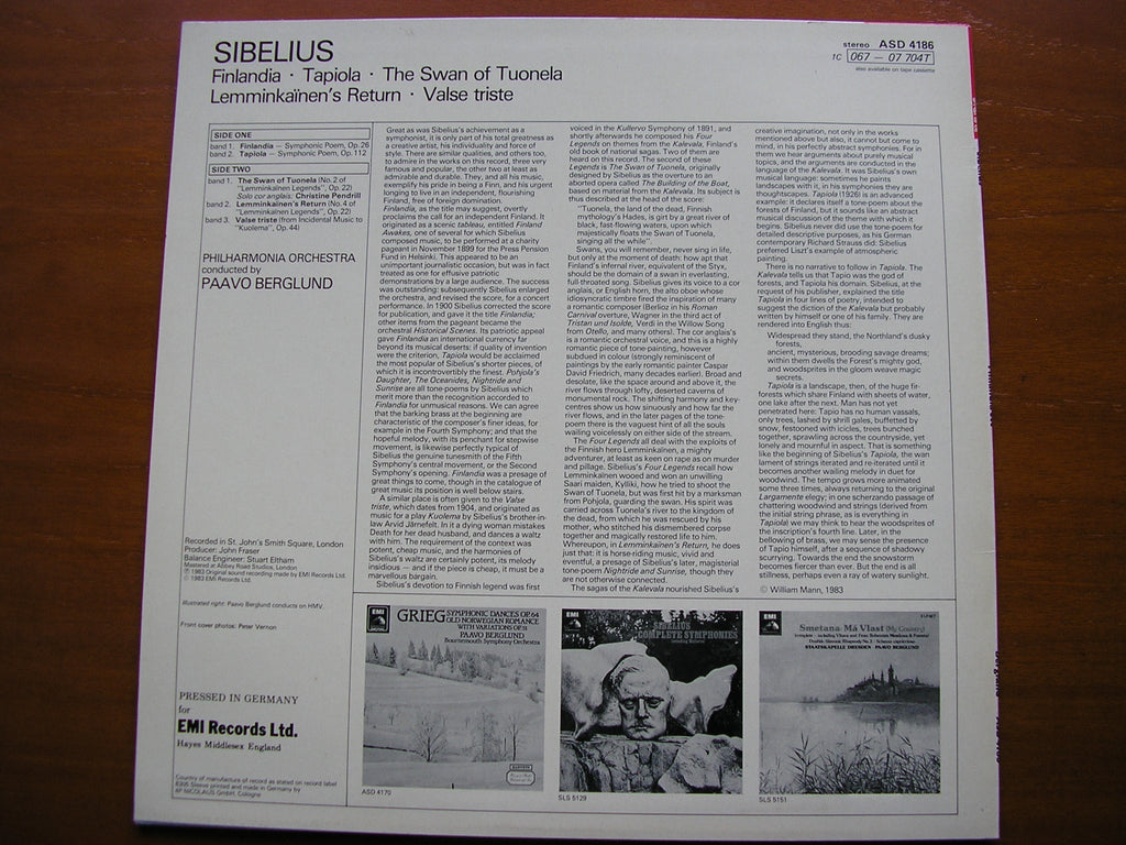 SIBELIUS: ORCHESTRAL WORKS    BERGLUND / PHILHARMONIA ORCHESTRA   ASD 4186