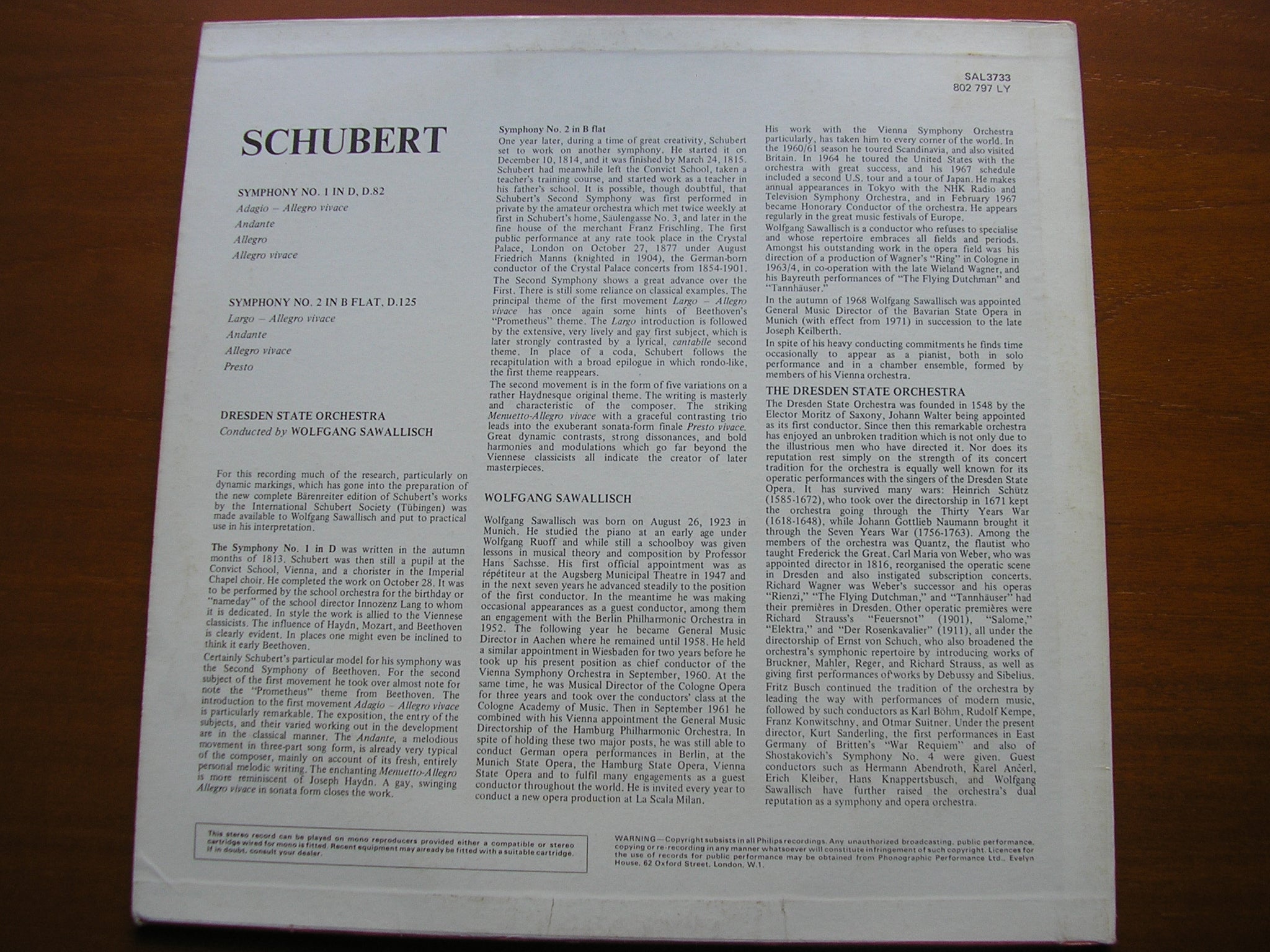 SCHUBERT: SYMPHONIES Nos. 1 & 2      SAWALLISCH / DRESDEN STATE ORCHESTRA     SAL 3733