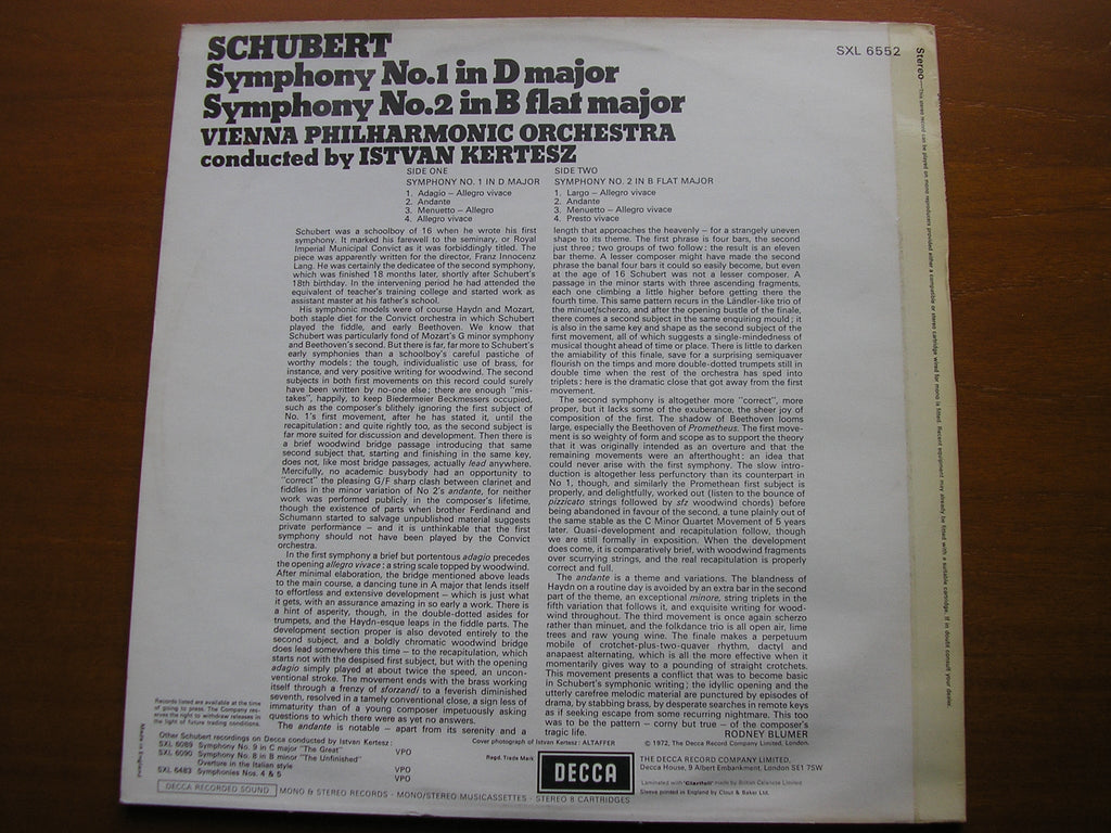 SXL 6552 SCHUBERT: SYMPHONIES Nos. 1 & 2 ISTVAN KERTESZ / VIENNA PHILHARMONIC ORCHESTRA