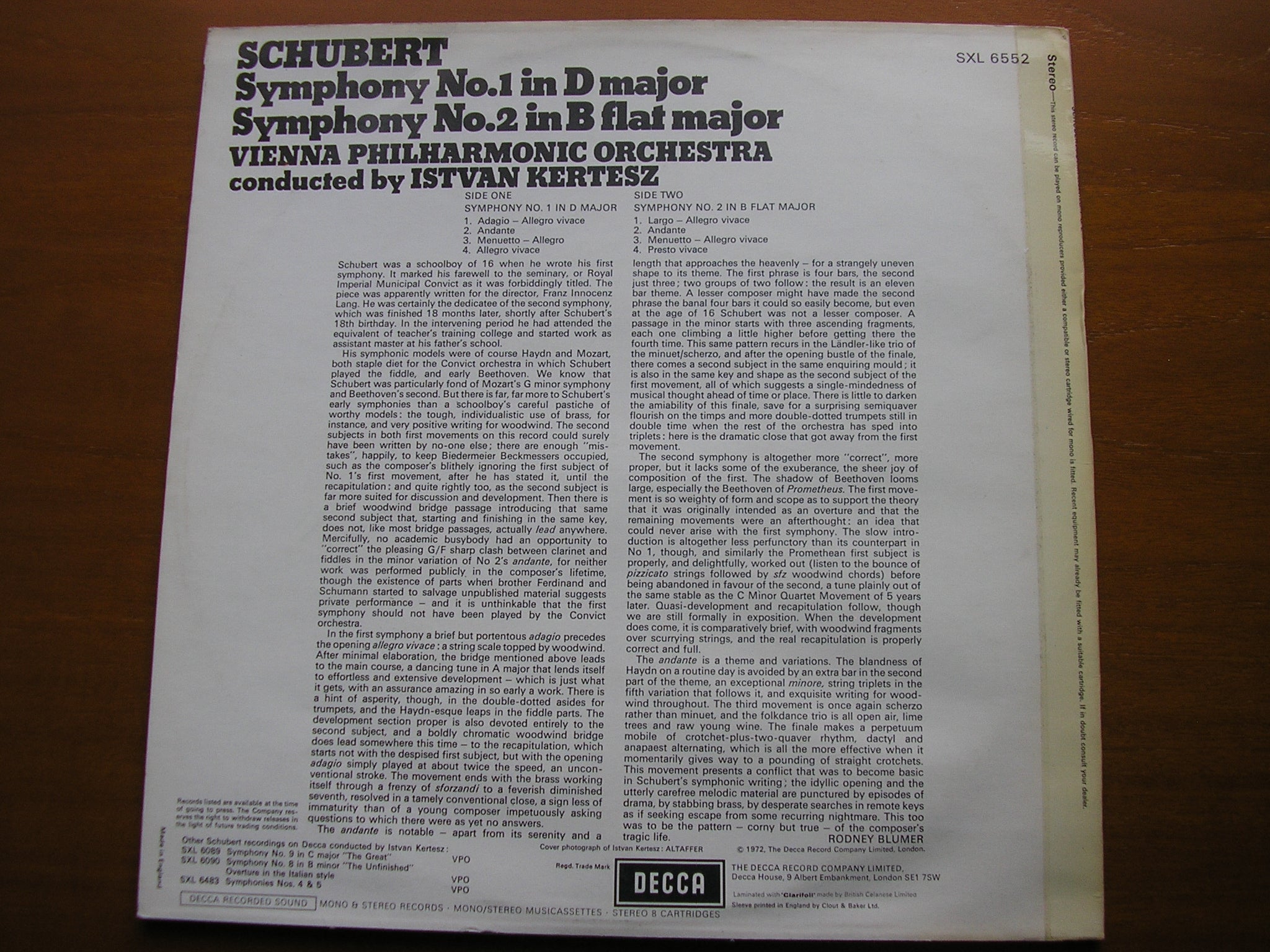 SXL 6552 SCHUBERT: SYMPHONIES Nos. 1 & 2 ISTVAN KERTESZ / VIENNA PHILHARMONIC ORCHESTRA
