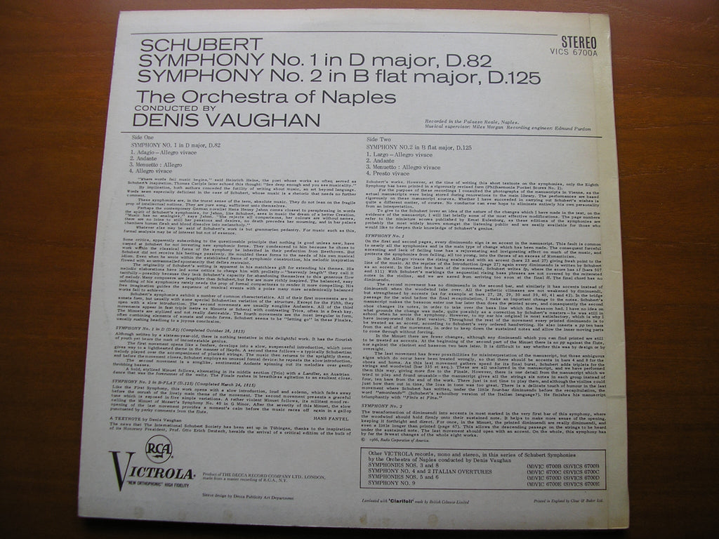 SCHUBERT: SYMPHONIES Nos. 1 & 2     VAUGHAN / ORCHESTRA OF NAPLES     VICS 6700A