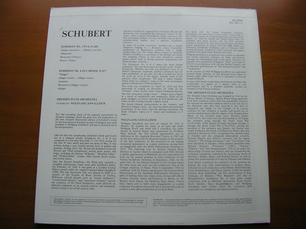 SCHUBERT: SYMPHONIES Nos. 3 & 4     SAWALLISCH / DRESDEN STATE ORCHESTRA    SAL 3726