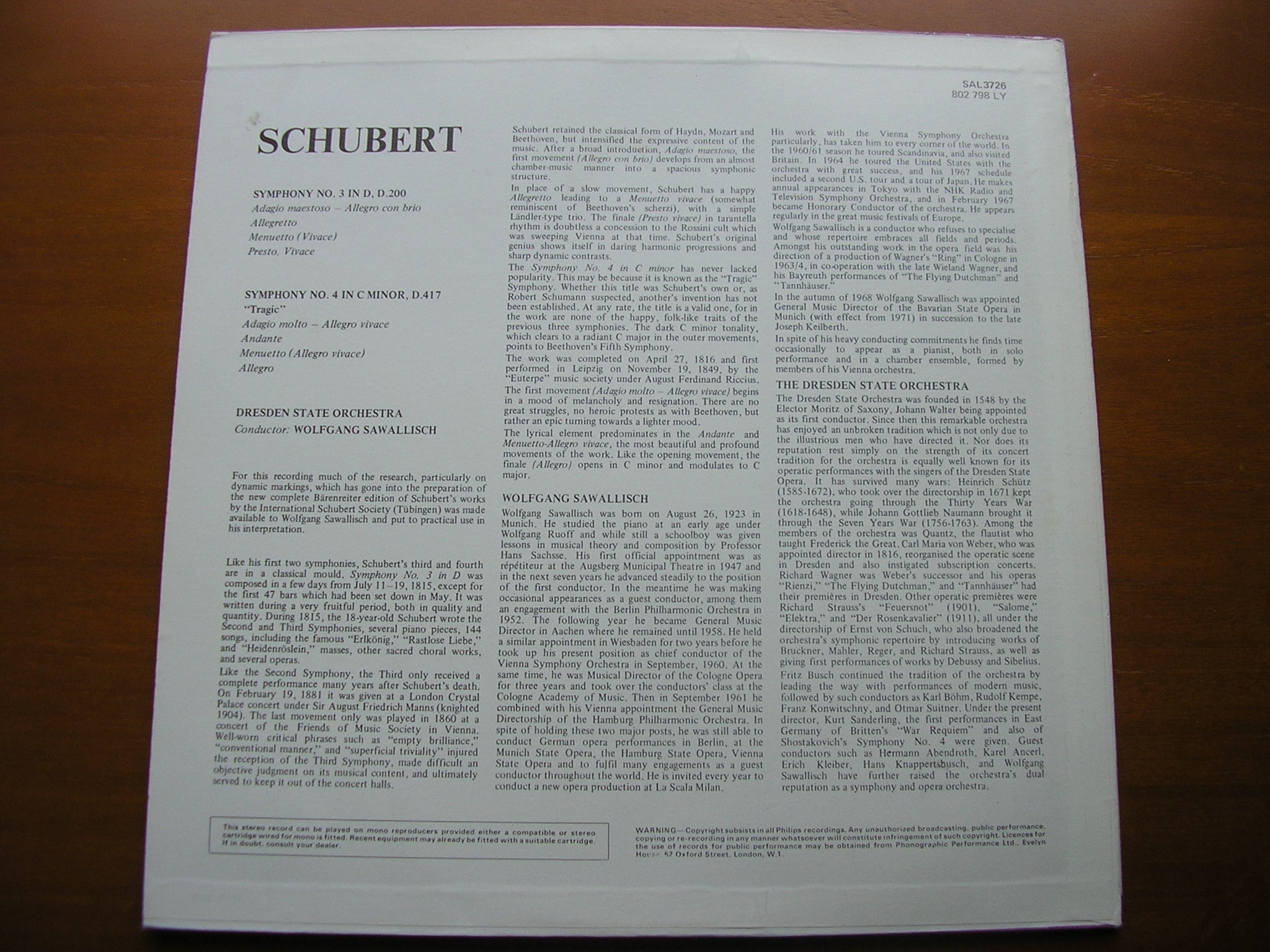 SCHUBERT: SYMPHONIES Nos. 3 & 4     SAWALLISCH / DRESDEN STATE ORCHESTRA    SAL 3726