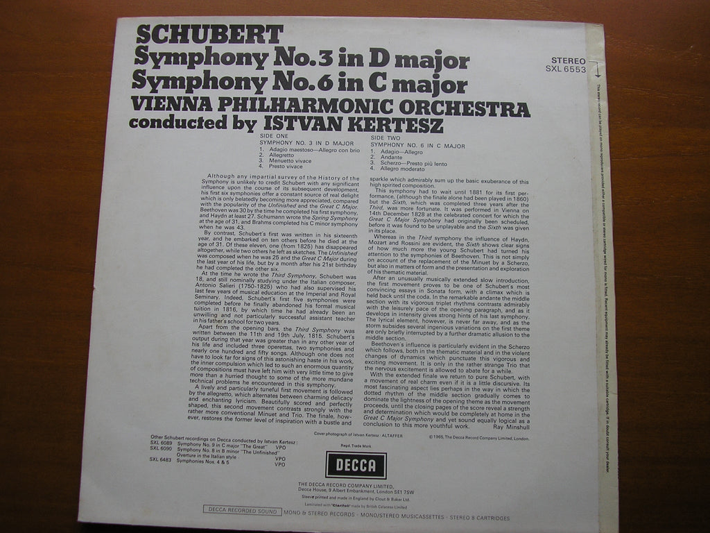 SXL 6553 SCHUBERT: SYMPHONIES Nos. 3 & 6 KERTESZ / VIENNA PHILHARMONIC