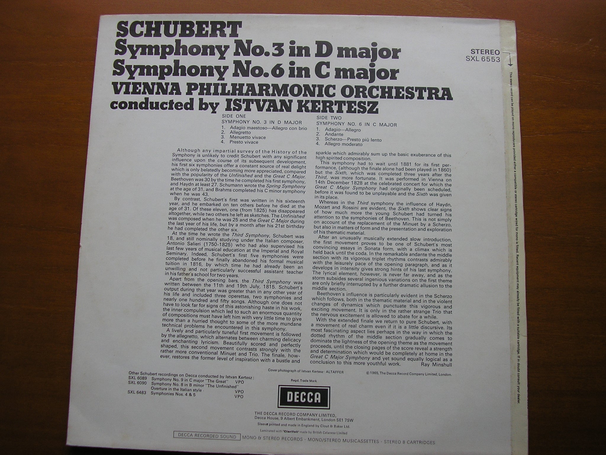 SXL 6553 SCHUBERT: SYMPHONIES Nos. 3 & 6 KERTESZ / VIENNA PHILHARMONIC
