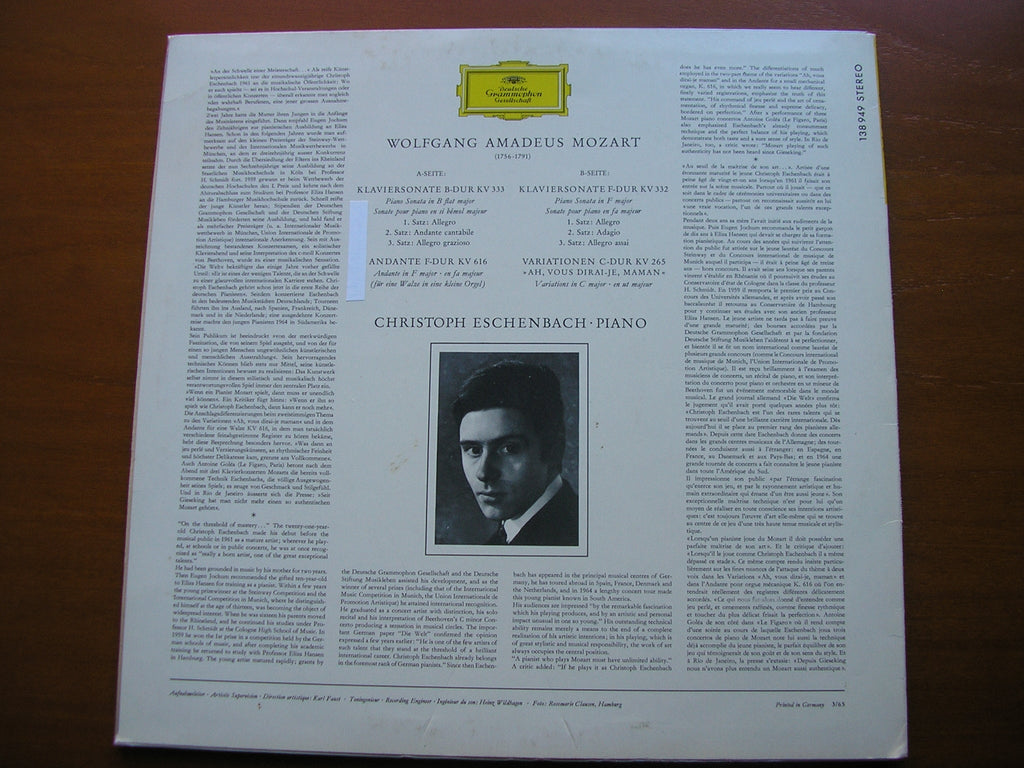 MOZART: PIANO SONATAS K332 & K333 / ANDANTE K616 / VARIATIONS K265      ESCHENBACH      138 949