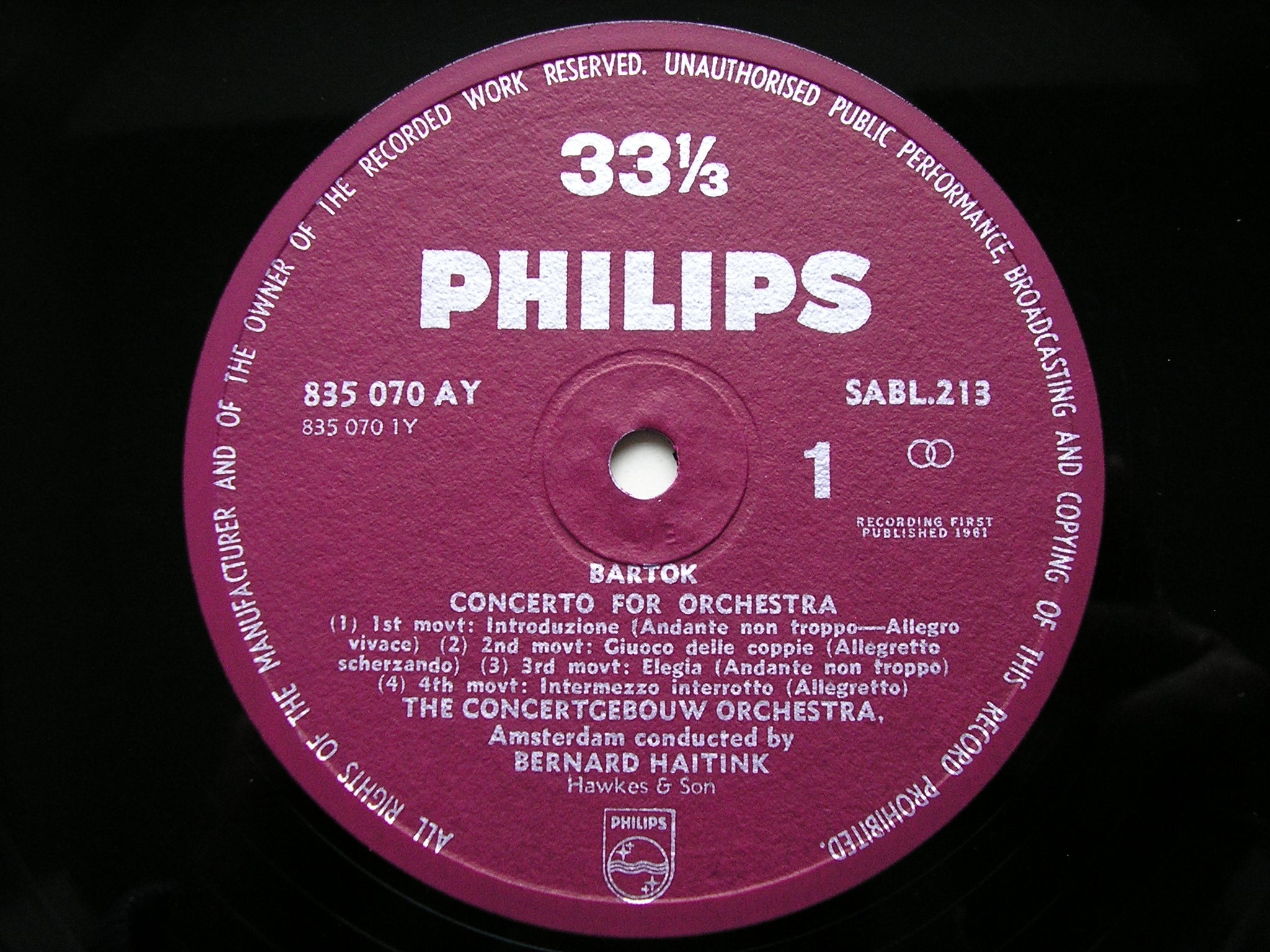 BARTOK: CONCERTO FOR ORCHESTRA / DANCE SUITE BERNARD HAITINK / COA SABL 213
