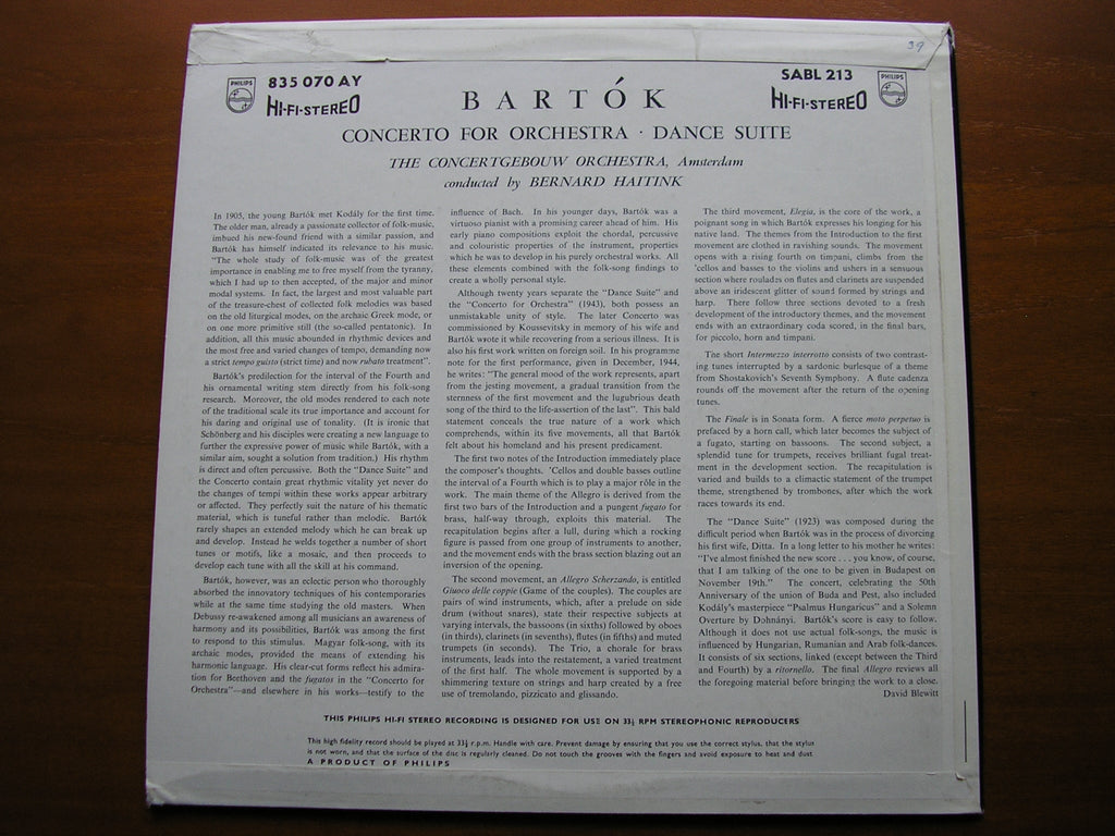 BARTOK: CONCERTO FOR ORCHESTRA / DANCE SUITE BERNARD HAITINK / COA SABL 213