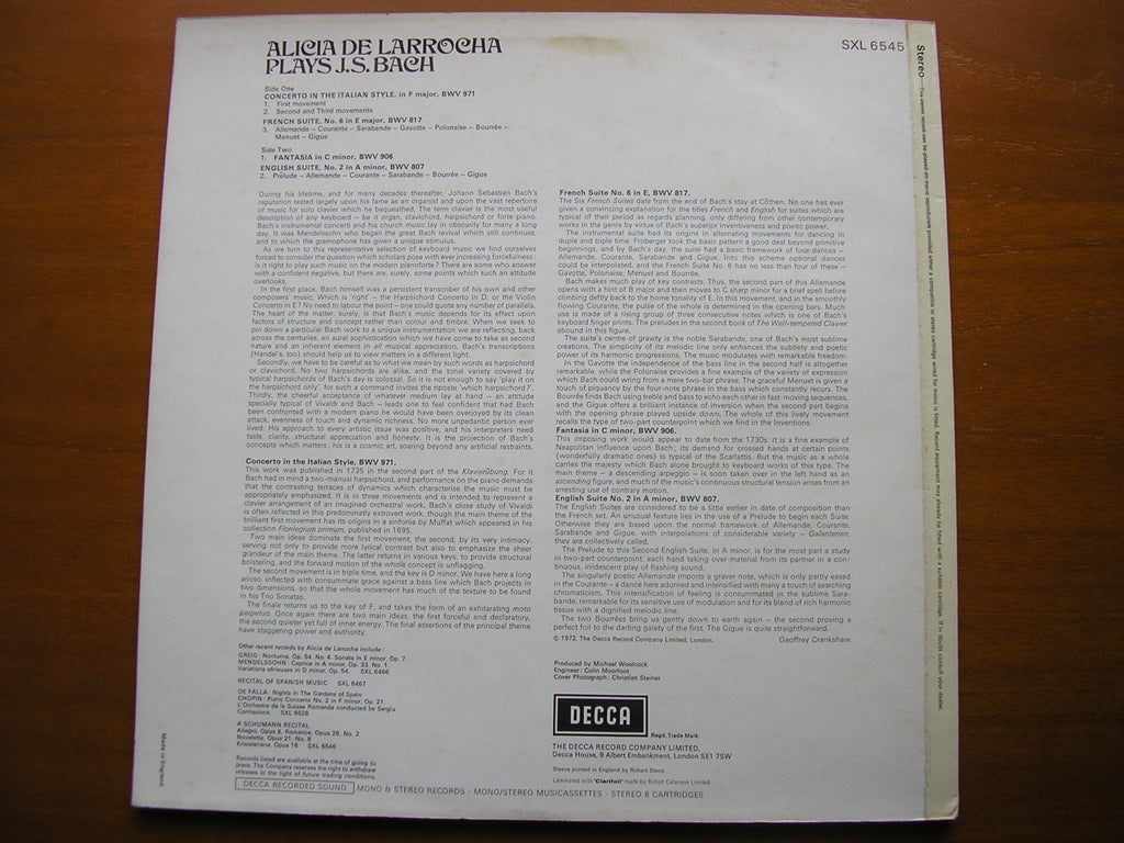 SXL 6545 ALICIA DE LARROCHA PLAYS BACH: ITALIAN CONCERTO / FANTASIA / FRENCH SUITE No. 6 / ENGLISH SUITE No. 2