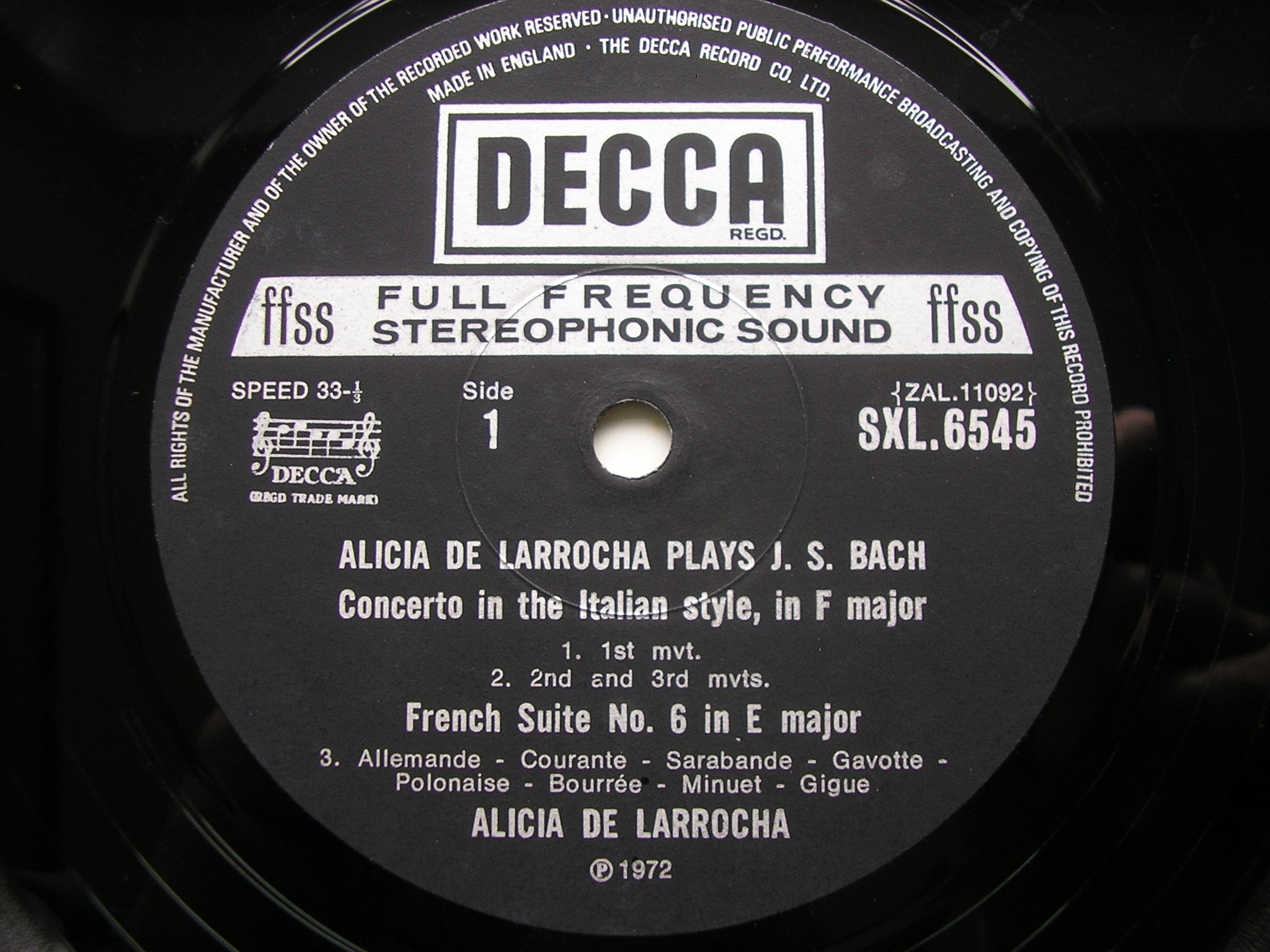 SXL 6545 ALICIA DE LARROCHA PLAYS BACH: ITALIAN CONCERTO / FANTASIA / FRENCH SUITE No. 6 / ENGLISH SUITE No. 2