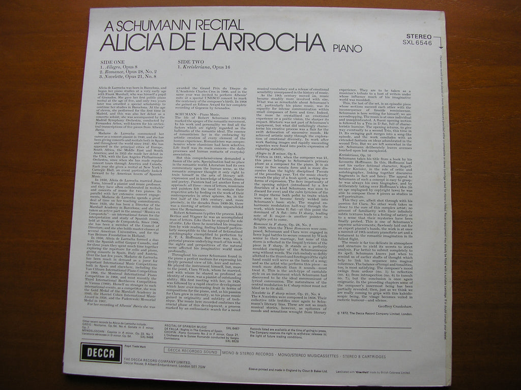 SXL 6546 SCHUMANN: KREISLERIANA / ALLEGRO Op. 8 / ROMANCE Op. 28 / NOVELETTE Op. 21 ALICIA DE LARROCHA