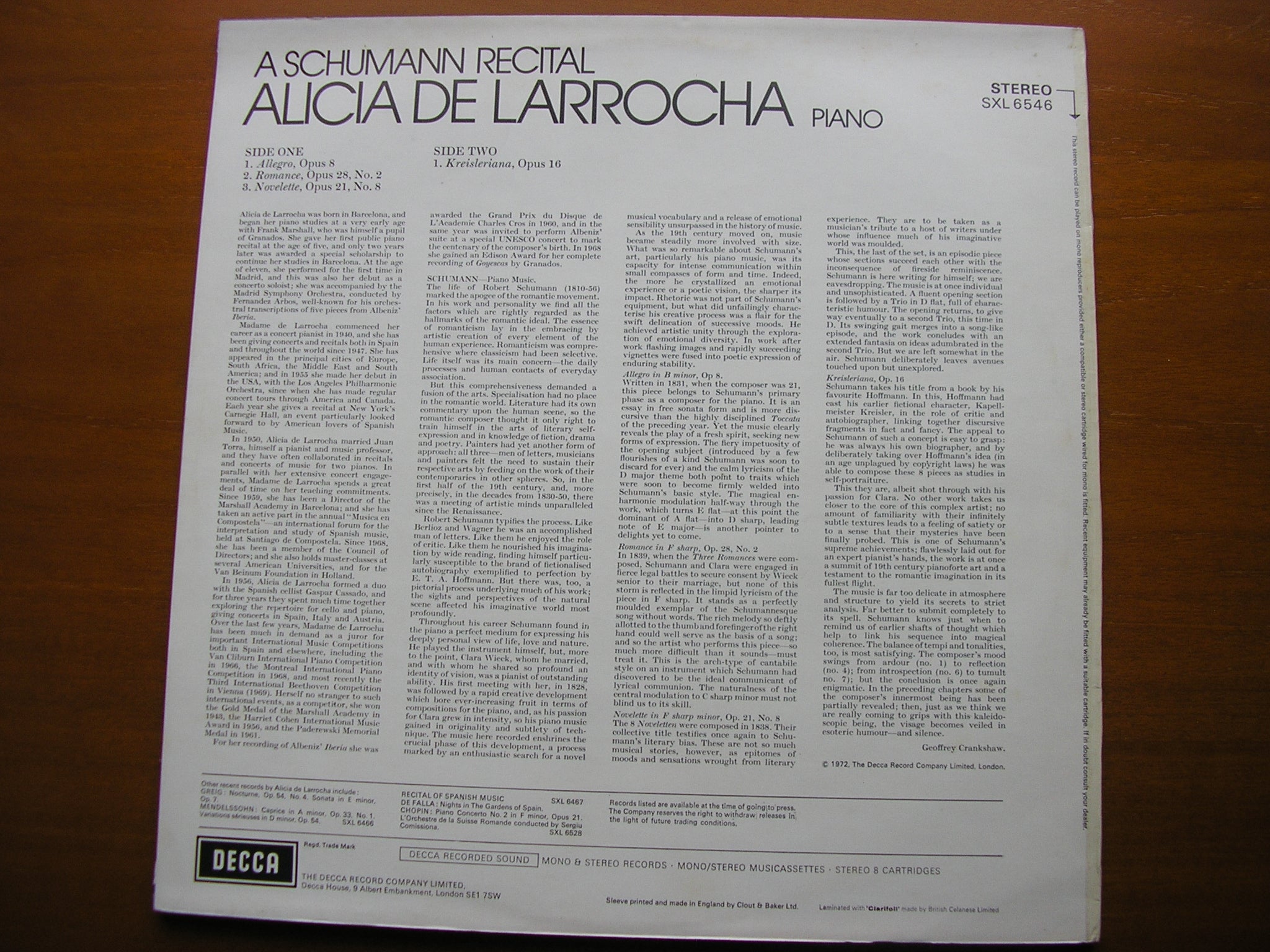 SXL 6546 SCHUMANN: KREISLERIANA / ALLEGRO Op. 8 / ROMANCE Op. 28 / NOVELETTE Op. 21 ALICIA DE LARROCHA